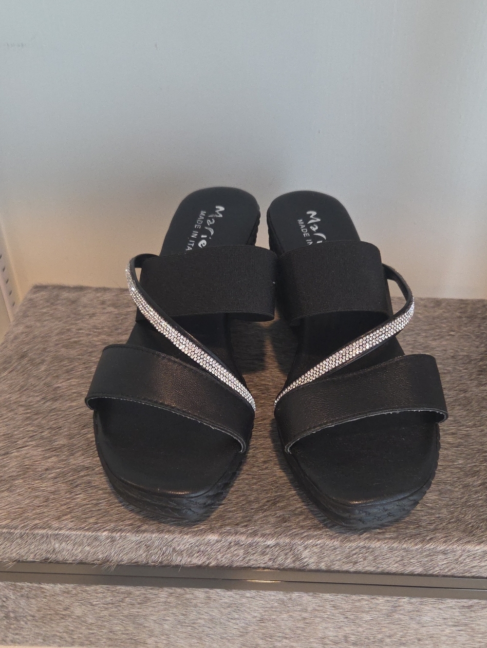 Mariella Black Slide Wedge Sandals with Crystal-Trim Straps